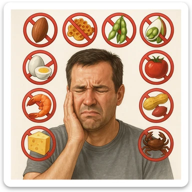 A 40-year-old man suffering from food intolerances, inspired by the reference image, with a pained expression, forbidden food symbols above his head. Realistic or illustrative style with a light background. sticker