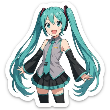 Hatsune Miku, anime style, signature outfit, teal pigtails, cheerful sticker