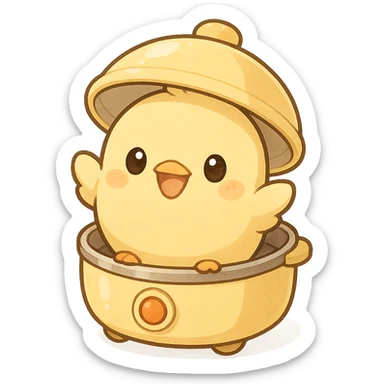 chibi egg cooker chick appliance-animal hybrid, popping out of the lid, smiling brightly, soft yellow tones, full-body, transparent background, 电器拟动物风格 sticker