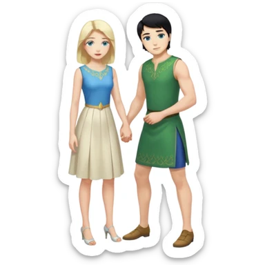 2 Person, King, upright, black Hair, blue eyes, whole body, Woman, blonde Hair, Green eyes, bending knee, sleveless White Dress, sticker