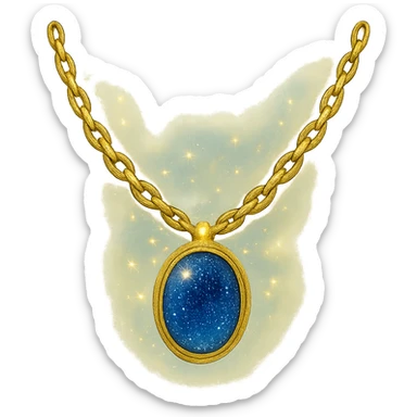 gold chain floating in midair with a deep blue starry stone, glowing faintly, shimmering like liquid gold, mystical aura sticker