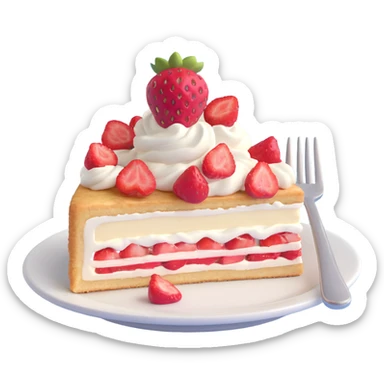 A slice of strawberry shortcake with strawberries and cream on a plate, with a fork, in 3D iOS emoji style, soft gradients, glossy finish, no background. sticker