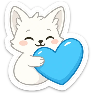 Make the fox white, do not show any legs, keep hugging the stunning blue heart, in chibi sticker style with transparent background. sticker