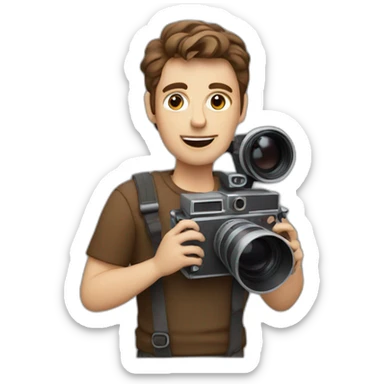 European film director with brown piled short hair holding a cinema camera sticker
