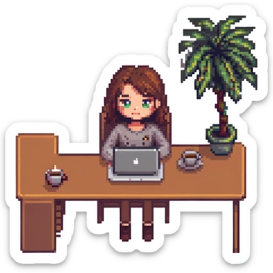 girl at desk with MacBook, coffee cup nearby, cozy atmosphere, pixel art style sticker