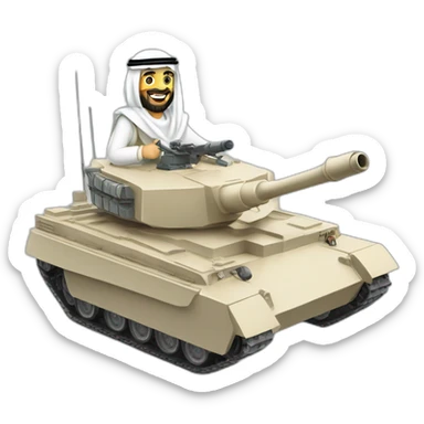 prince from Saudi Arabia with a beard in a white  shemagh national headdress riding  on a tank, smiling sticker