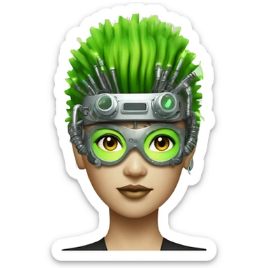 Neon green Mohawk hair Asian female cyborg head with silver steampunk goggles and circuits sticker