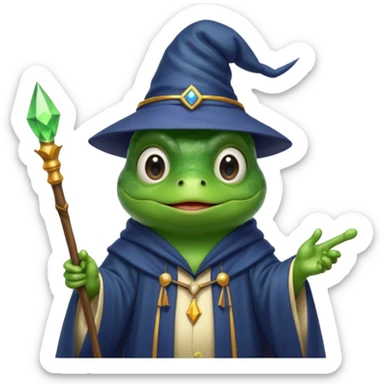 A smart frog in a hat and robes holds a pointer and with a smart face points out the mistake sticker