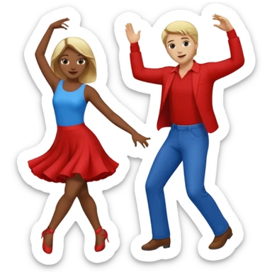 Two people dancing, one wearing red with blond hair and one wearing blue with brown hair and dark skin sticker