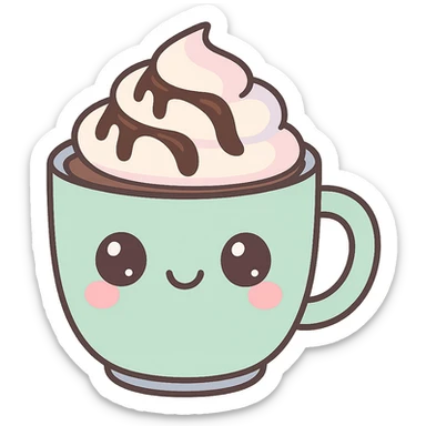 kawaii style cup of mocha, cute smiling face on the mug, pastel colors, whipped cream and chocolate drizzle, adorable and cheerful sticker