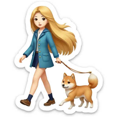 Long-haired beautiful girl walking the Shiba Inu sticker