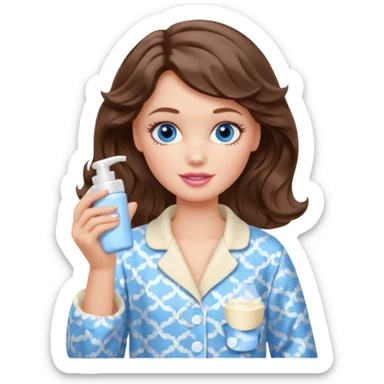 Barbie girl with makeup, blue eyes , and bob long haircut wavy, short brown hair in creamy color pajamas, face cream in hand sticker