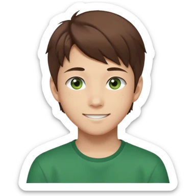 Discord emoji. the face of an Anime asian style teen boy with brown hair, green eyes, looking smiling slightly sideways positioned. Face must be main filling of the frame.  128px sticker