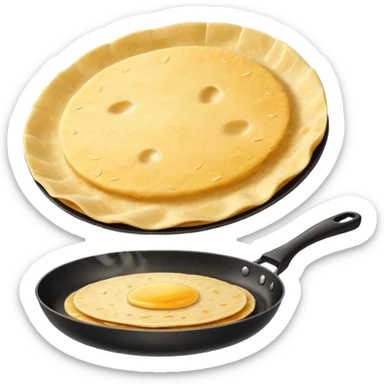 golden round tortilla mbeju flipping slightly in the air over a frying pan sticker