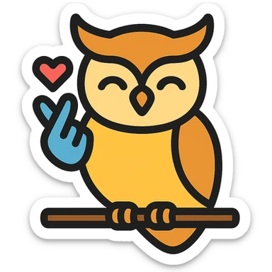 a wise, smiling owl perched on a branch, making the saranghae sign with one wing, modern icon style sticker