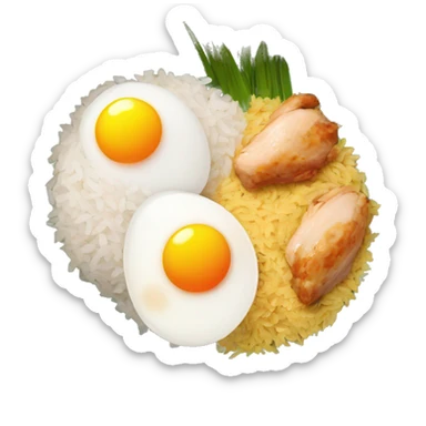 a bowl of rice with two eggs and two chicken sticker