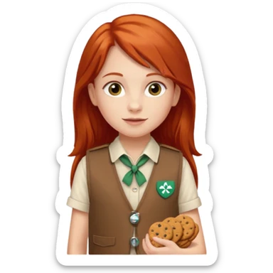 white girl scout with red long hair selling cookies with a brown Girl Scout vest and white shirt under vest. She should be around 10 years old sticker