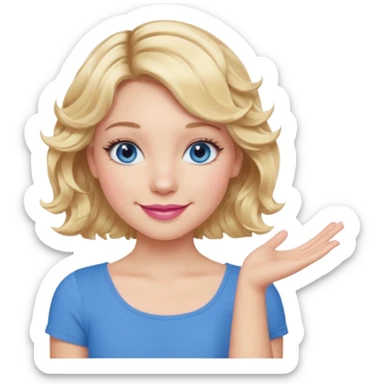 Girl Blonde short wavy hair,  blue eyes, cute blue top, long lashes, pink lips, smiling, one hand 🤷🏼‍♀️  sticker