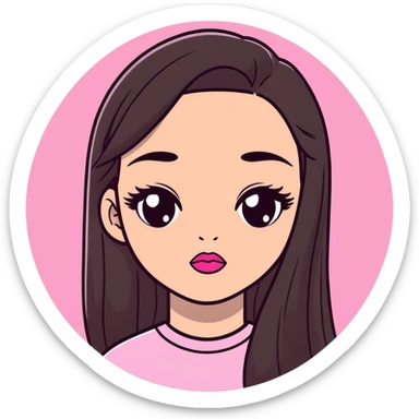 girl with lighter skin, dark brown long straight hair, pouty shiny lips with pink lip gloss, large eyes with eyelashes, pink blush on cheeks, inner eye highlighted with white eyeliner, lighter button nose, long oval-shaped face sticker