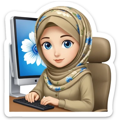 Turkish beautiful finish Konya girl blue eyes and khaki floral hijab and dress and she work on office with computer sticker