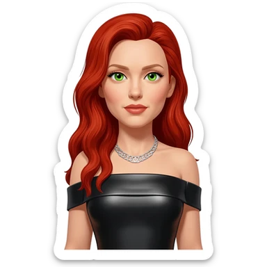 Scarlett Johansson with green eyes, long red hair, black metallic off shoulder long dress, silver necklace sticker