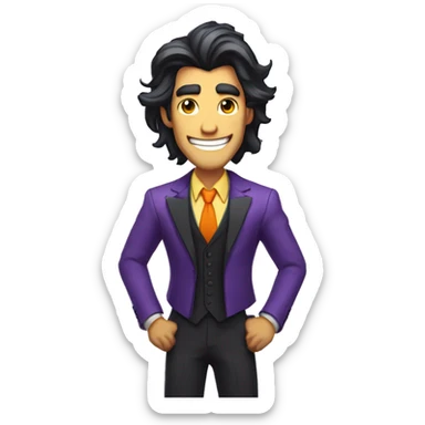 A thin, tall man with gray skin, long black hair, the man has a purple suit vest and an orange shirt, he has a big smile with yellow teeth in the style of the Hazbin Hotel. sticker