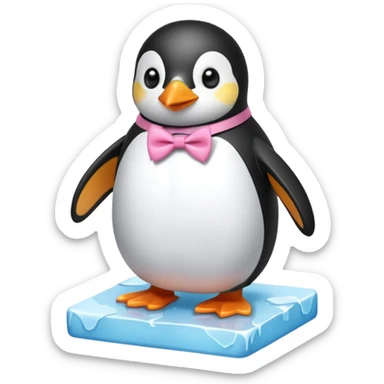 penguin, pink bow tie, standing on small ice melting block sticker