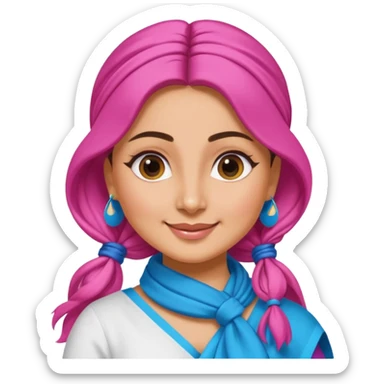 generate a pretty bratz emoji that looks like Kareena Kapoor's Geet character. 
Make her wear a white shirt with a colorful blue-pink dupatta wrapped around her neck. smiling big. hair tied into a side part ponytail

She should look like Kareena Kapoor sticker