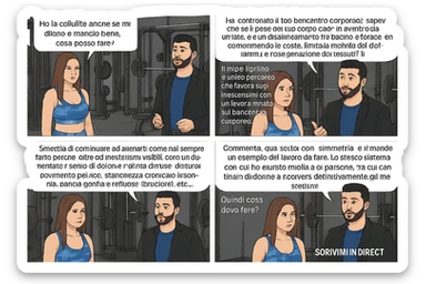 TRASFORMA QUESTO CAROSELLO IN UN FUMETTO CON QUESTE DUE PERSONE IDENTICHE CHE INTERLOQUISCONO TRA LORO:

Ho la cellulite anche se mi alleno e mangio bene, cosa posso fare?

Hai controllato il tuo baricentro corporeo?
Sapevi che se il peso del tuo corpo cade in avanti o da un lato, c’è un disallineamento fra bacino e torace, che comprimendo le coste, limita la motilità del diaframma e l’ossigenazione dei tessuti?
Il mio è il primo e unico percorso che lavora sugli inestetismi con un lavoro mirato sul baricentro corporeo.

Smettila di continuare ad allenarti come hai sempre fatto perché, oltre ad inestetismi visibili, corri un aumentato rischio di:
    • dolori e rigidità diffuse
    • disturbi pavimento pelvico
    • stanchezza cronica o insonnia
    • pancia gonfia e reflusso (bruciore)
    • etc…


Quindi cosa devo fare?
Commenta, qua sotto, con “simmetria” e ti mando un esempio del lavoro da fare. Lo stesso sistema con cui ho aiutato migliaia di persone, fra cui centinaia di donne a risolvere definitivamente gli inestetismi.
Metterei il prima e dopo

Se vuoi che ti aiuti personalmente
SCRIVIMI IN DIRECT sticker