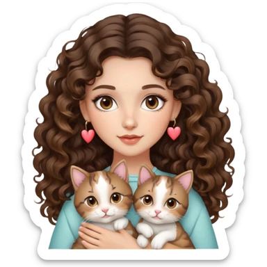 cute girl long brunette balayage curly/wavy not voluminous hair, brown eyes, hoop earrings, natural pretty clean makeup: heart eyes while holding kitties sticker