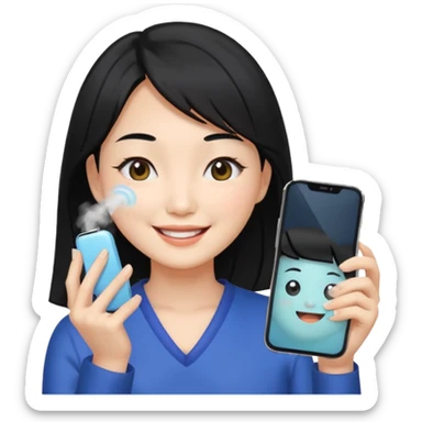 a korean cosmetics marketing expert women with black hair, holding face-mist and phone with smile on sticker
