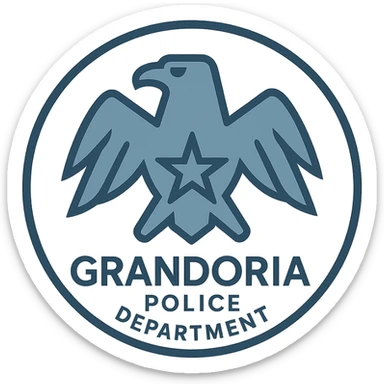 minimalist modern police logo in a circle for GRANDORİA POLİCE DEPARTMENT, stylized eagle or star, blue-gray color scheme, crisp sans-serif font, uncluttered and official sticker