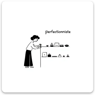 hand-drawn doodle of a perfectionist organizing objects in a straight line, neat and tidy, with text 'perfectionniste' sticker