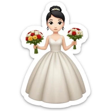 Chica blanca,cuerpo entero, vestido boda tirantes , pelo negro,   1 ramo de flores , pelo recogido en moño alto sticker