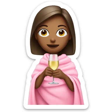 a girl with brunette hair and a glass of white wine wrapped in a pink blanket sticker