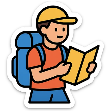 color outline icon of a hiker with a map and backpack sticker