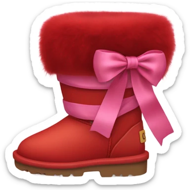 Red pair of UGG Fur boots laced up with pink silk ribbon. sticker
