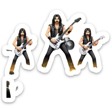 Icon for Heavy Metal: a metal band on stage, with electric guitars, drums, and a powerful vocalist. The atmosphere is intense with flashing lights, music notes, and a crowd of fans. The design should capture the energy and power of a live heavy metal performance. Transparent background. sticker