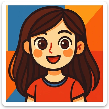 pale skin girl with long brunette hair and brown eyes, vibrant cartoon style sticker