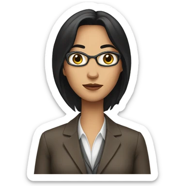 Female defense attorney with long black hair with brown suit sticker