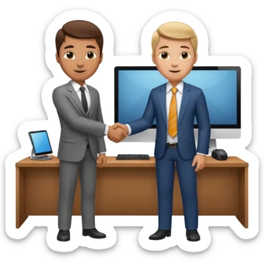 a video editor handshaking with a castomer. customer wears suit and tie but video editor wears shirt and trouser. they are handshaking inside a corporate office. sticker