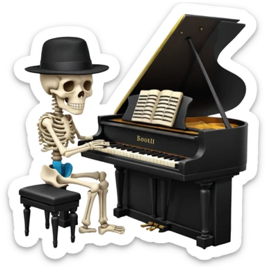 A human skeleton wears a black hat and plays the piano. sticker