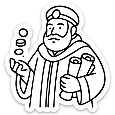 Wealthy fantasy merchant lord in red robes counting gold coins. DnD style character with scrolls of business contracts. sticker