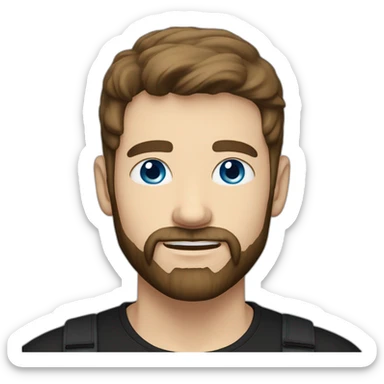 White man with blue eyes, dark brown hair, styled sideways backwards. He has a beard and mustache trimmed and wears a black t-shirt. sticker