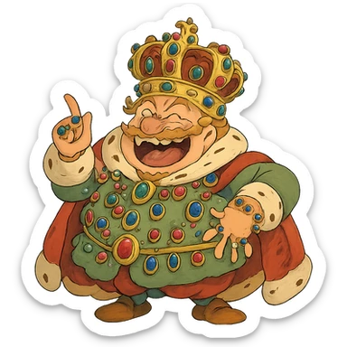 silly, over-the-top king with a giant crown and too many jewels, fun and excessive sticker