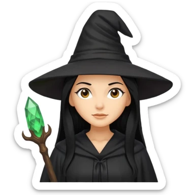 Witch with long black hair, tan skin wearing black robe and black hat sticker