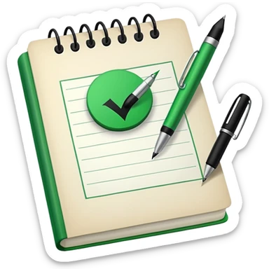 Notes book with pen and massive green tick sticker