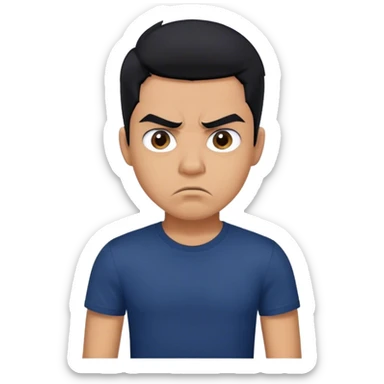 Young Latino man, black hair, wearing navy blue t-shirt, a little angry sticker