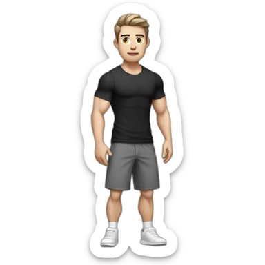 Confused Pale skinned Fit Man With the biceps and dark brown hair in black shirt, gray sports shorts and white Sneakers sticker