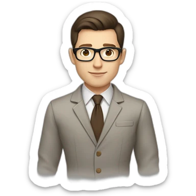 Pale skinned fit man with dark brown hair in gray jacket, beige office shirt, brown tie, brown pants and vintage glasses Writing on the tablet sticker